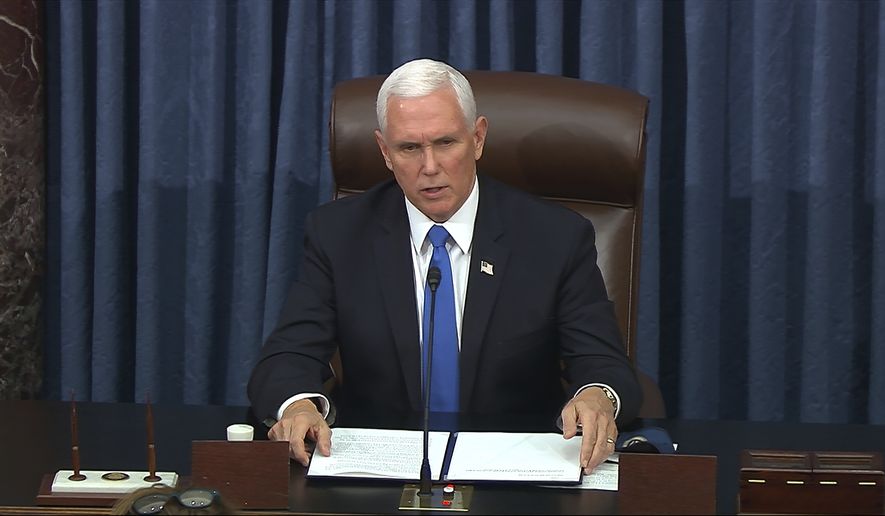 In this image from video, Vice President Mike Pence speaks as the Senate reconvenes after protesters stormed into the U.S. Capitol on Wednesday, Jan. 6, 2021. (Senate Television via AP)
