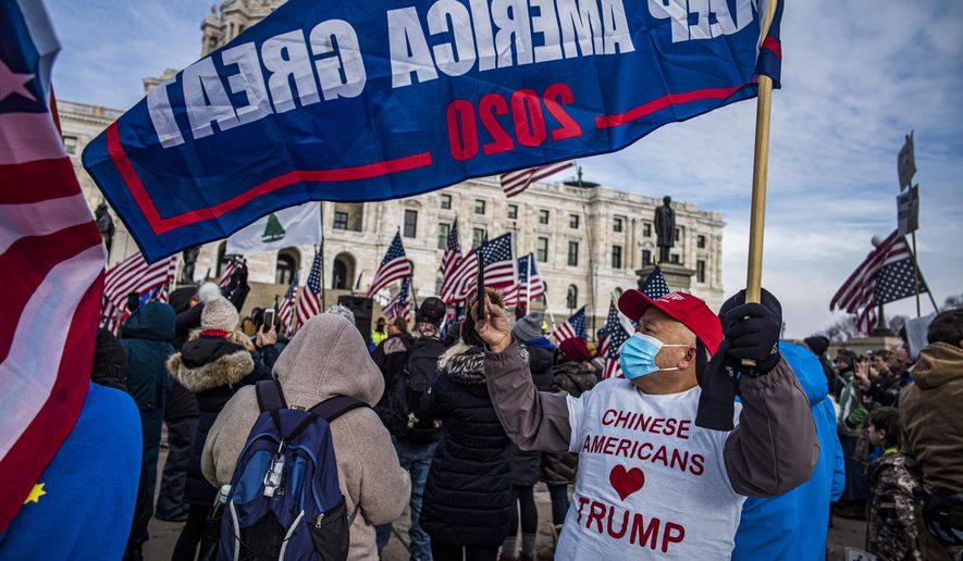 Protesters attended a rally in support of President Donald Trump on the steps of the Minnesota State Capitol on Wednesday, Jan. 6, 2021 in St. Paul, Minn. (Richard Tsong-Taatarii/Star Tribune via AP)