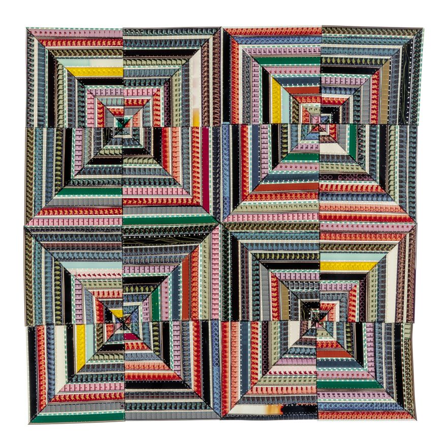 This image provided by Sabrina Gschwandtner shows a quilt entitled "Hands at Work III". Los Angeles-based artist Sabrina Gschwandtner has created a quilt series stitching together 16 mm and 35 mm film strips and backlighting them with a lightbox to illuminate the patterns. She began the project, "Hands at Work," in 2009 when a friend gave her some film being cleared out of the Fashion Institute of Technology's Anthology Film Archives. (Sabrina Gschwandtner/Joshua White via AP)
