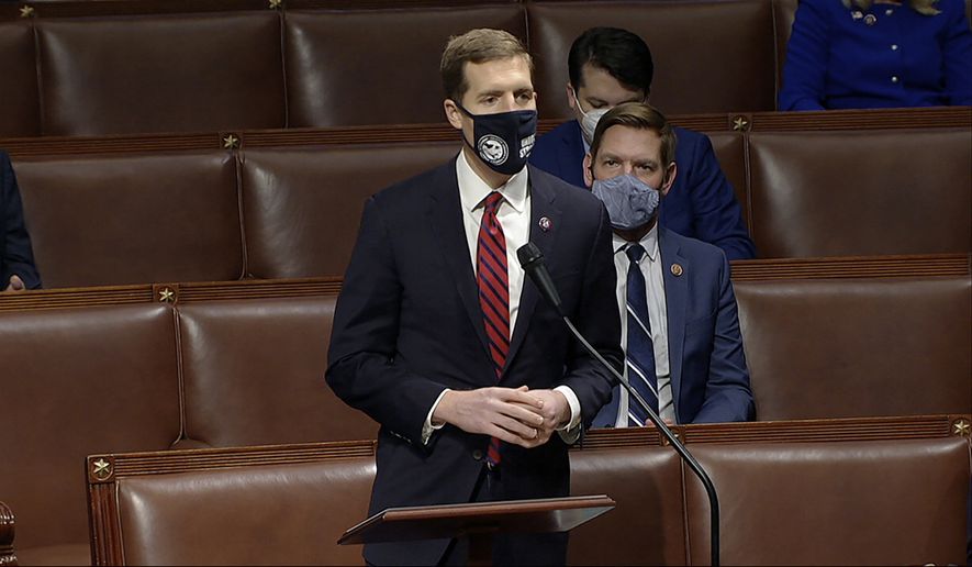 In this image from video, Rep. Conor Lamb, D-Pa., speaks as the House debates the objection to confirm the Electoral College vote from Pennsylvania, at the U.S. Capitol early Thursday, Jan. 7, 2021. (House Television via AP)