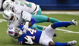 Buffalo Bills wide receiver Stefon Diggs (14) is tackled by Miami Dolphins strong safety Bobby McCain (28) in the first half of an NFL football game, Sunday, Jan. 3, 2021, in Orchard Park, N.Y. (AP Photo/Adrian Kraus)