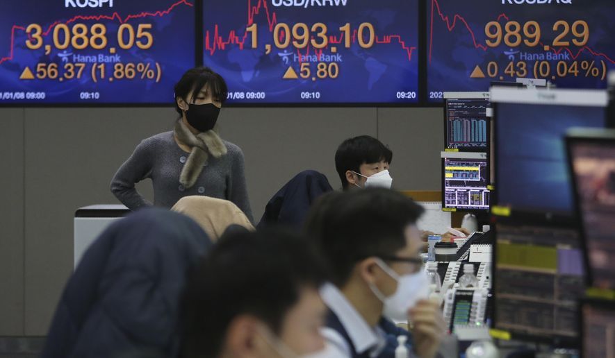 A currency trader walks by the screens showing the Korea Composite Stock Price Index (KOSPI), left, and the foreign exchange rate between U.S. dollar and South Korean won at the foreign exchange dealing room of the KEB Hana Bank headquarters in Seoul, South Korea, Friday, Jan. 8, 2021. Asian shares mostly rose Friday on hopes for additional economic stimulus after U.S. Congress confirmed Joe Biden as the winner of the presidential election. (AP Photo/Ahn Young-joon)