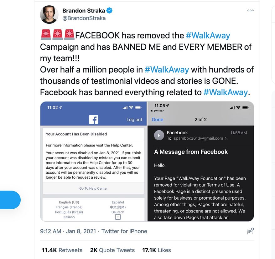 &quot;Walk Away&quot; founder Brandon Straka has been banned by Facebook along with 500,000-strong group. (Image: Twitter, Brandon Straka) 