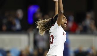 FILE - In this Dec. 8, 2019, file photo, Stanford&#39;s Catarina Macario celebrates after scoring a penalty kick against North Carolina during a soccer match in San Jose, Calif. Macario, a promising prospect for the U.S. women&#39;s national team, has announced that she will forgo her senior season for a professional career. (Randy Vazquez/Bay Area News Group via AP, File)