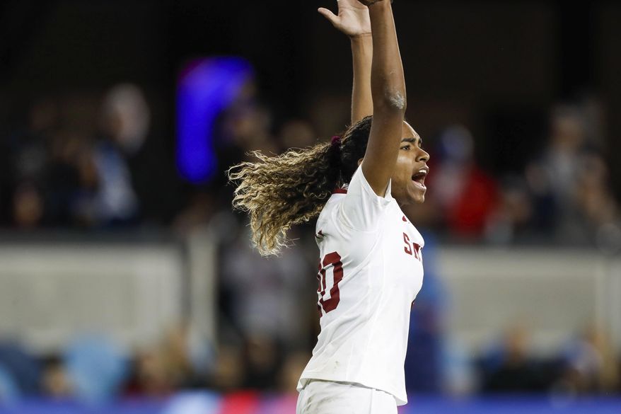 FILE - In this Dec. 8, 2019, file photo, Stanford's Catarina Macario celebrates after scoring a penalty kick against North Carolina during a soccer match in San Jose, Calif. Macario, a promising prospect for the U.S. women's national team, has announced that she will forgo her senior season for a professional career. (Randy Vazquez/Bay Area News Group via AP, File)