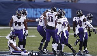 Baltimore Ravens players sit and stand on the Tennessee Titans&#39; logo at the 50-yard line after Ravens cornerback Marcus Peters intercepted a pass against the Titans late in the fourth quarter of an NFL wild-card playoff football game Sunday, Jan. 10, 2021, in Nashville, Tenn. (AP Photo/Wade Payne)