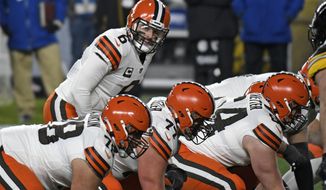 Cleveland Browns quarterback Baker Mayfield (6) lines up behind center during the first half of an NFL wild-card playoff football game against the Pittsburgh Steelers in Pittsburgh, Sunday, Jan. 10, 2021. (AP Photo/Don Wright)