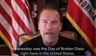 This Sunday, Jan. 10, 2021, image from a video released by Schwarzenegger shows former Republican California Gov. Arnold Schwarzenegger delivering a public message. Schwarzenegger compared the mob that stormed the U.S. Capitol to the Nazis and called President Donald Trump a failed leader who “will go down in history as the worst president ever.” (Frank Fastner/Arnold Schwarzenegger via AP)