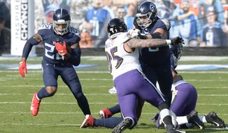Tennessee Titans running back Derrick Henry (22) carries the ball past Baltimore Ravens defensive end Derek Wolfe (95) in the first half of an NFL wild-card playoff football game Sunday, Jan. 10, 2021, in Nashville, Tenn. (AP Photo/Mark Zaleski)