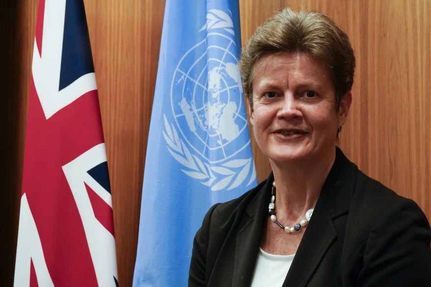 British Ambassador to the United Nations Barbara Woodward poses for a photo, Tuesday, Jan. 5, 2021, in New York. (AP Photo/Mary Altaffer)