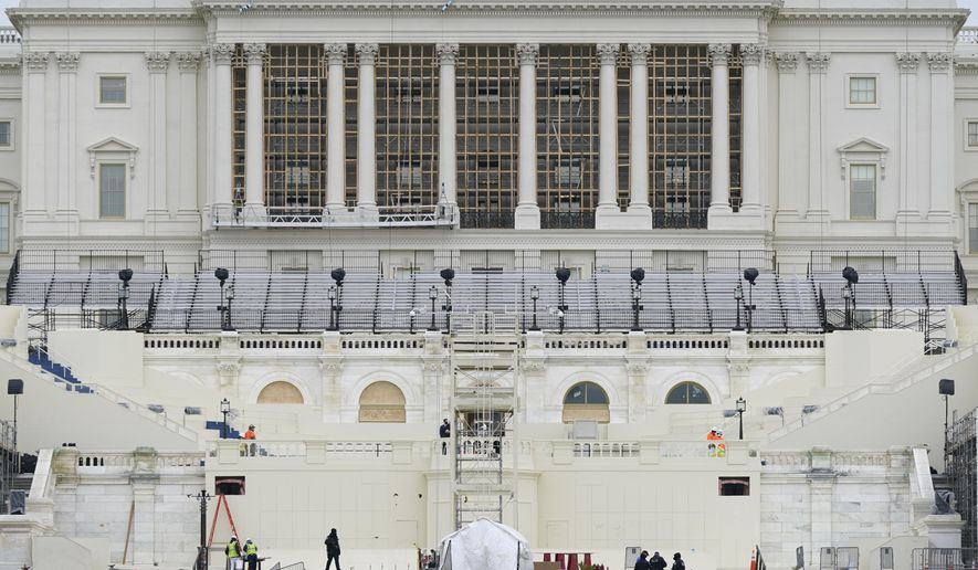 Preparations take place for President-elect Joe Biden&#39;s inauguration on the West Front of the U.S. Capitol in Washington, Friday, Jan. 8, 2021, after supporters of President Donald Trump stormed the building. (AP Photo/Patrick Semansky) **FILE**
