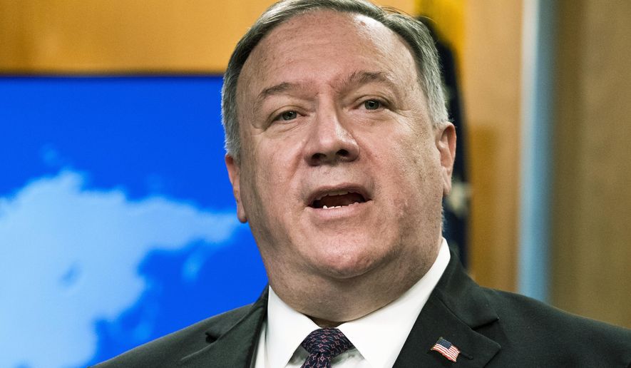 FILE - In this Oct. 14, 2020 file photo, Secretary of State Mike Pompeo speaks during a news conference at the State Department in Washington. (AP Photo/Manuel Balce Ceneta, POOL)