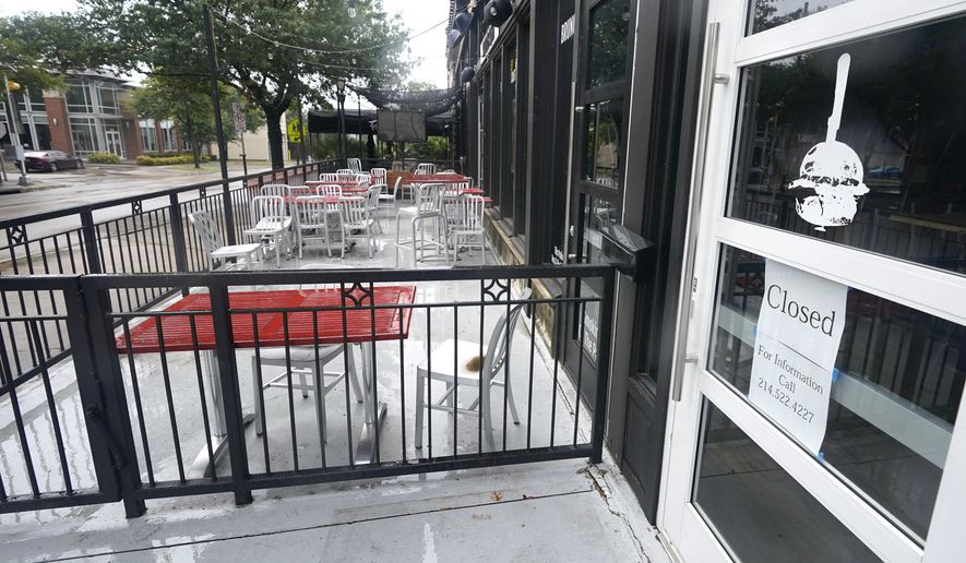 FILE - In this Sept. 2, 2020 file photo, a closed burger eatery sits empty in Dallas. The economic damage in Texas from the coronavirus pandemic has left a nearly $1 billion deficit in the state budget. The forecast by Texas Republican Comptroller Glenn Hegar on Monday, Jan. 11, 2021, reflects how the nation's energy capital remains hampered by a slow recovery and a half-million fewer jobs than a year ago. (AP Photo/LM Otero)