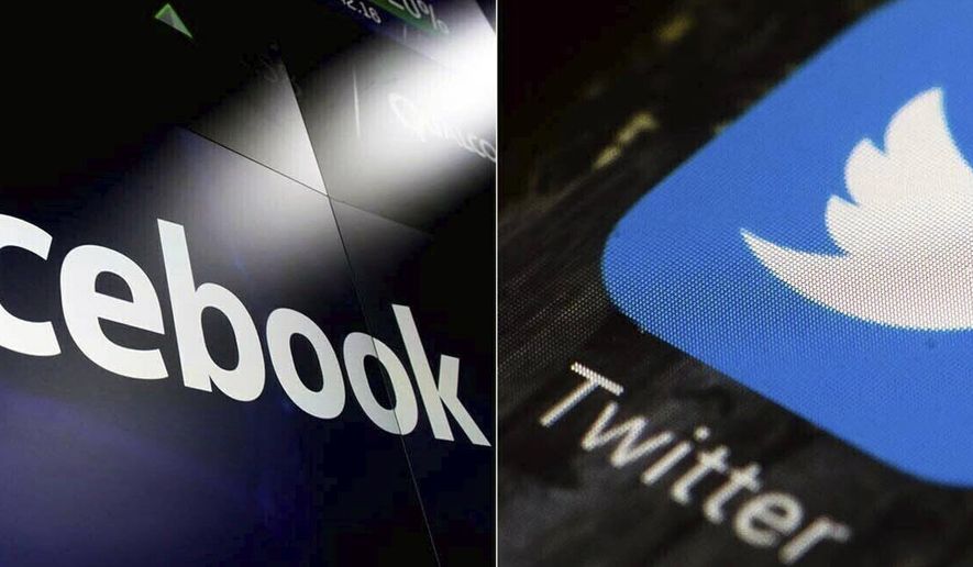 FILE - This combination of photos shows logos for social media platforms Facebook and Twitter. Shares of social media and other tech companies slid Monday, Jan. 11, 2021 amid fallout the siege on the U.S. Capitol by supporters of President Donald Trump&#39;s supporters. (AP Photo/File)