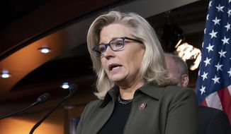 In this Dec. 17, 2019, photo, Republican Conference chair Rep. Liz Cheney, R-Wyo., speaks with reporters at the Capitol in Washington. (AP Photo/J. Scott Applewhite) **FILE**