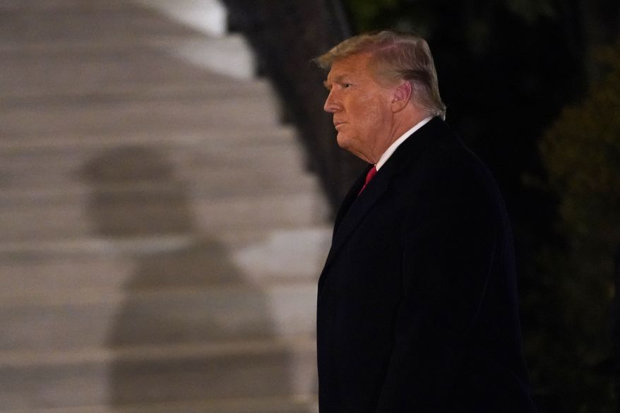 President Donald Trump arrives on the South Lawn of the White House, Tuesday, Jan. 12, 2021, in Washington. The president was returning from Texas. (AP Photo/Gerald Herbert) **FILE**
