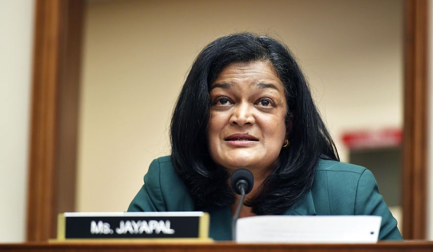 Rep. Pramila Jayapal, D-Wash., speaks during a House Judiciary subcommittee on antitrust on Capitol Hill on Wednesday, July 29, 2020, in Washington. (Mandel Ngan/Pool via AP) ** FILE **