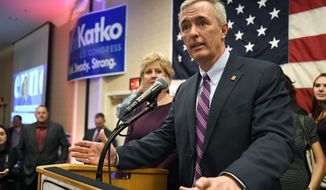 FILE - This Tuesday Nov. 6, 2018 file photo shows Rep. John Katko, R-N.Y., as he thanks his supporters at the Onondaga County GOP Election Night Celebration in Syracuse, N.Y. Dana Balter, the Democrat challenging Republican U.S. Rep. John Katko in a battleground district in central New York conceded the race Friday, Nov. 13, 2020. (AP Photo/Adrian Kraus, File)