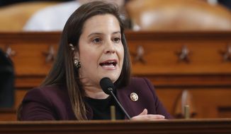 In this Nov. 21, 2019 file photo, Rep. Elise Stefanik, R-N.Y., asks questions during a public impeachment hearing in Washington regarding President Donald Trump&#39;s efforts to tie U.S. aid for Ukraine to investigations of his political opponents. Stefanik has been removed from a panel at Harvard University for making comments that perpetuated Trump&#39;s baseless claims of widespread voter fraud, the school announced Tuesday, Jan. 12, 2021. (AP Photo/Andrew Harnik, File)