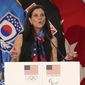FILE - In this Aug. 1, 2017, file photo, then-U.S. Olympic Committee chief marketing officer Lisa Baird speaks about the Team USA WinterFest for the upcoming 2018 Pyeongchang Winter Olympic Games, at Yongsan Garrison, a U.S. military base in Seoul, South Korea. U.S. Soccer is no longer managing the National Women&#39;s Soccer League although some aspects of the partnership remain, NWSL Commissioner Lisa Baird said. Baird spoke Tuesday, Jan. 12,c2021, on a wide-ranging conference call with reporters ahead of the league&#39;s draft on Wednesday night.(AP Photo/Lee Jin-man, File)
