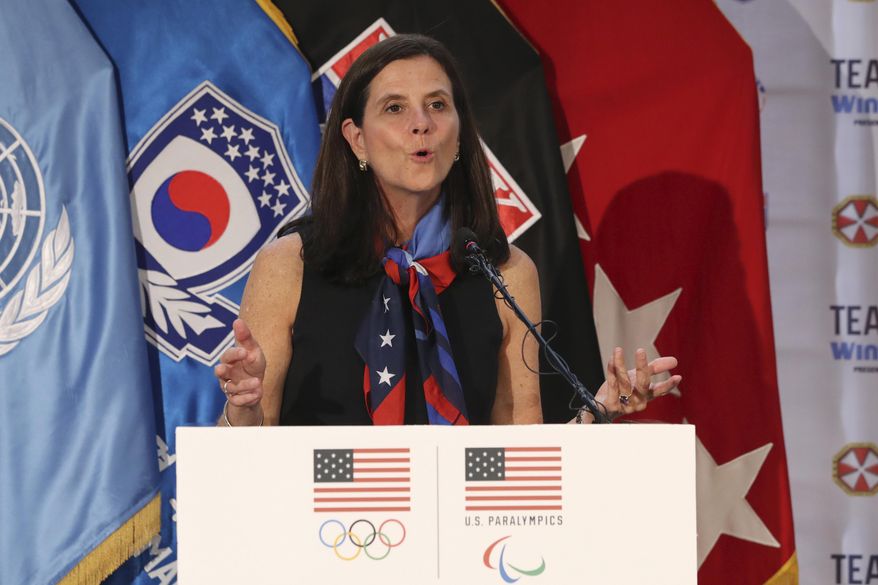FILE - In this Aug. 1, 2017, file photo, then-U.S. Olympic Committee chief marketing officer Lisa Baird speaks about the Team USA WinterFest for the upcoming 2018 Pyeongchang Winter Olympic Games, at Yongsan Garrison, a U.S. military base in Seoul, South Korea. U.S. Soccer is no longer managing the National Women&#39;s Soccer League although some aspects of the partnership remain, NWSL Commissioner Lisa Baird said. Baird spoke Tuesday, Jan. 12,c2021, on a wide-ranging conference call with reporters ahead of the league&#39;s draft on Wednesday night.(AP Photo/Lee Jin-man, File)