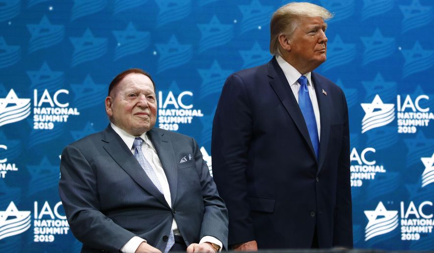 In this Dec. 7, 2019, file photo, President Donald Trump stands alongside Las Vegas Sands Corporation Chief Executive and Republican mega-donor Sheldon Adelson before speaking at the Israeli American Council National Summit in Hollywood, Fla. Adelson, the billionaire mogul and power broker who built a casino empire spanning from Las Vegas to China and became a singular force in domestic and international politics has died after a long illness, his wife said Tuesday, Jan. 12, 2021. (AP Photo/Patrick Semansky, File)