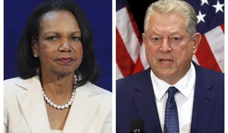 This combination of 2019 photos shows former U.S. Secretary of State Condoleezza Rice, left, in Abu Dhabi, United Arab Emirates, and former U.S. Vice President Al Gore in New York. On Tuesday, Jan. 12, 2021, officials say Rice and Gore are participating in a new initiative at Vanderbilt University focused on bridging the partisan divide in the U.S. (AP Photo/Kamran Jebreili, Richard Drew)