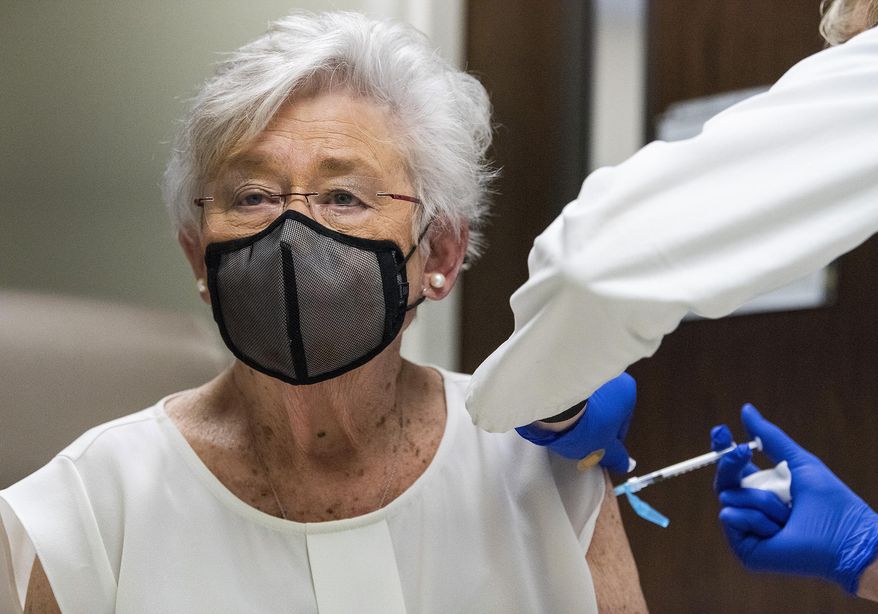 Alabama Governor Kay Ivey receives her second COVID-19 vaccine shot at Baptist Medical Center South in Montgomery, Ala., on Tuesday, Jan. 12, 2021. (Mickey Welsh/The Montgomery Advertiser via AP)