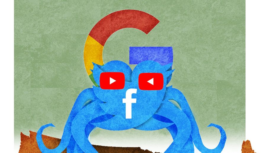 illustration on the social media octopus and censorship by Alexander Hunter/The Washington Times