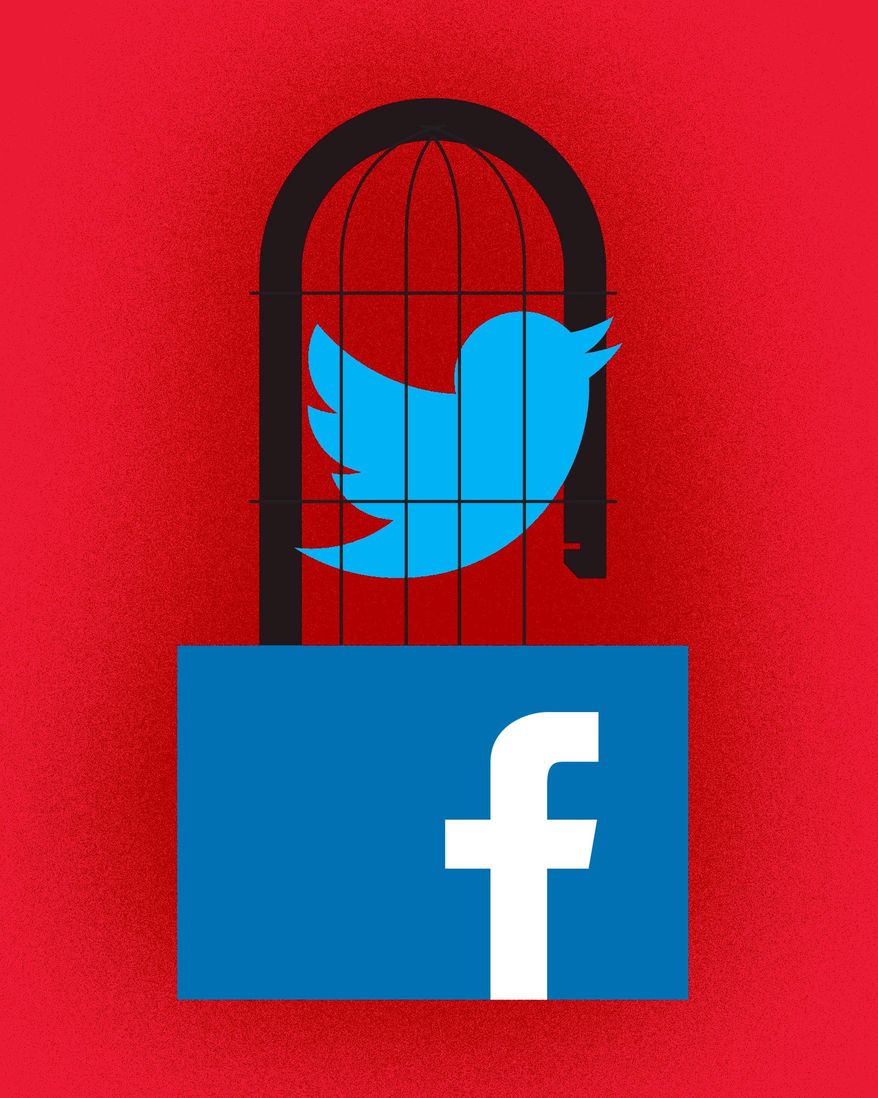 Illustration on banning Trump from Facebook and Twitter by Linas Garsys/The Washington Times