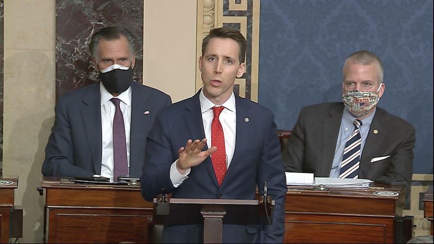 In this Jan. 6, 2021 file image from video, Sen. Josh Hawley, R-Mo., speaks at the U.S. Capitol in Washington. (Senate Television via AP File)  **FILE**