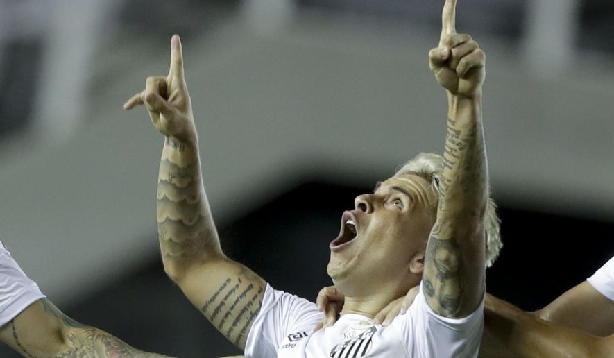 Soteldo of Brazil&#39;s Santos celebrates scoring his side&#39;s second goal against Argentina&#39;s Boca Juniors during a Copa Libertadores semifinal second leg soccer match in Santos, Brazil, Wednesday, Jan. 13, 2021. (AP Photo/Andre Penner, Pool)