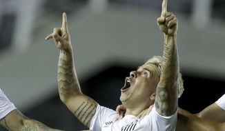 Soteldo of Brazil&#39;s Santos celebrates scoring his side&#39;s second goal against Argentina&#39;s Boca Juniors during a Copa Libertadores semifinal second leg soccer match in Santos, Brazil, Wednesday, Jan. 13, 2021. (AP Photo/Andre Penner, Pool)