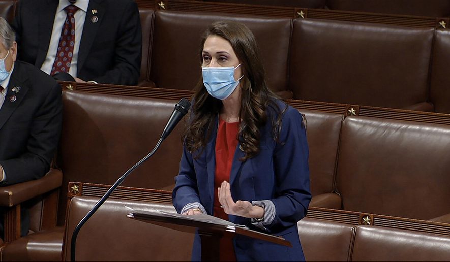 In this image from video, Rep. Jaime Herrera Beutler, R-Wash., speaks as the House debates the objection to confirm the Electoral College vote from Pennsylvania, at the U.S. Capitol early Thursday, Jan. 7, 2021. (House Television via AP)