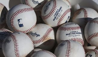 In this Feb. 14, 2020, file photo, baseballs occupy a bucket after use during fielding practice during spring training baseball workouts for pitchers and catchers at Cleveland Indians camp in Avondale, Ariz. Major League Baseball is suspending all political contributions in the wake of last week&#39;s invasion of the U.S. Capitol by a mob loyal to President Donald Trump, joining a wave of major corporations rethinking their efforts to lobby Washington. “In light of the unprecedented events last week at the U.S. Capitol, MLB is suspending contributions from its Political Action Committee pending a review of our political contribution policy going forward,” the league said in a statement to The Associated Press on Wednesday, Jan. 13, 2021. (AP Photo/Ross D. Franklin, File) **FILE**