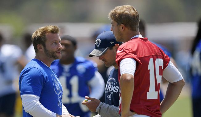 In this June 5, 2017, file photo, Los Angeles Rams coach Sean McVay, left, talks with quarterback Jared Goff, right, as offensive coordinator Matt LaFleur stands between them during NFL football practice in Thousand Oaks, Calif. Green Bay Packers coach LaFleur and Rams coach McVay say their friendship and shared history shouldn’t have much of an impact on their teams’ upcoming NFC divisional playoff matchup. (AP Photo/Mark J. Terrill, File) **FILE**