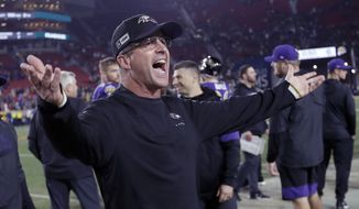FILE - Baltimore Ravens head coach John Harbaugh celebrates after beating the Los Angeles Rams in an NFL football game  in Los Angeles, in this Nov. 25, 2019, file photo. Home-field advantage in the playoffs is overrated for Ravens coach John Harbaugh, who has found that the road to success in the postseason usually involves packing his bags and getting the heck out of Baltimore. Last week&#x27;s 20-13 victory in Tennessee was Harbaugh&#x27;s eighth on the road in the playoffs, the most by any coach in NFL history, breaking a tie with Tom Landry and Tom Coughlin. (AP Photo/Marcio Jose Sanchez, FIle)