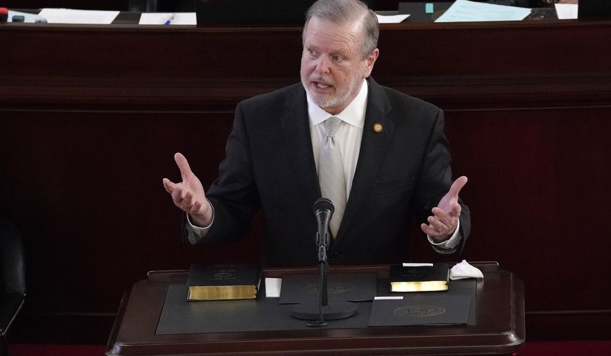 Senate President Pro Tempore Phil Berger, R-Rockingham speaks after being sworn in during the opening session of the North Carolina General Assembly in Raleigh, N.C., Wednesday, Jan. 13, 2021. (AP Photo/Gerry Broome)