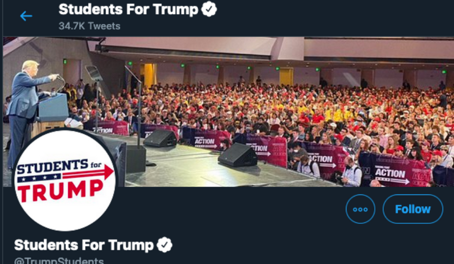 Students for Trump Twitter profile, screen captured from Twitter on Jan. 13, 2021. (Twitter.com/TrumpStudents)