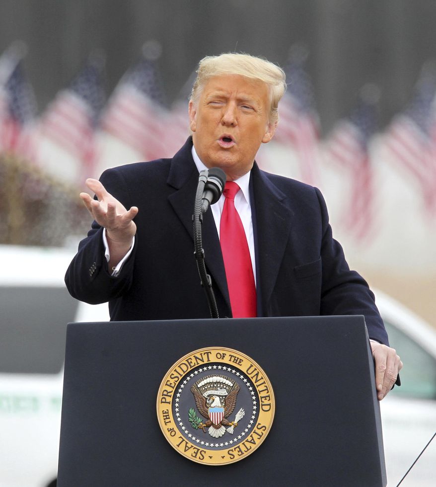 President Donald Trump speaks near a section of the U.S.-Mexico border wall, Tuesday, Jan. 12, 2021, in Alamo, Texas. (Delcia Lopez/The Monitor via AP) **FILE**