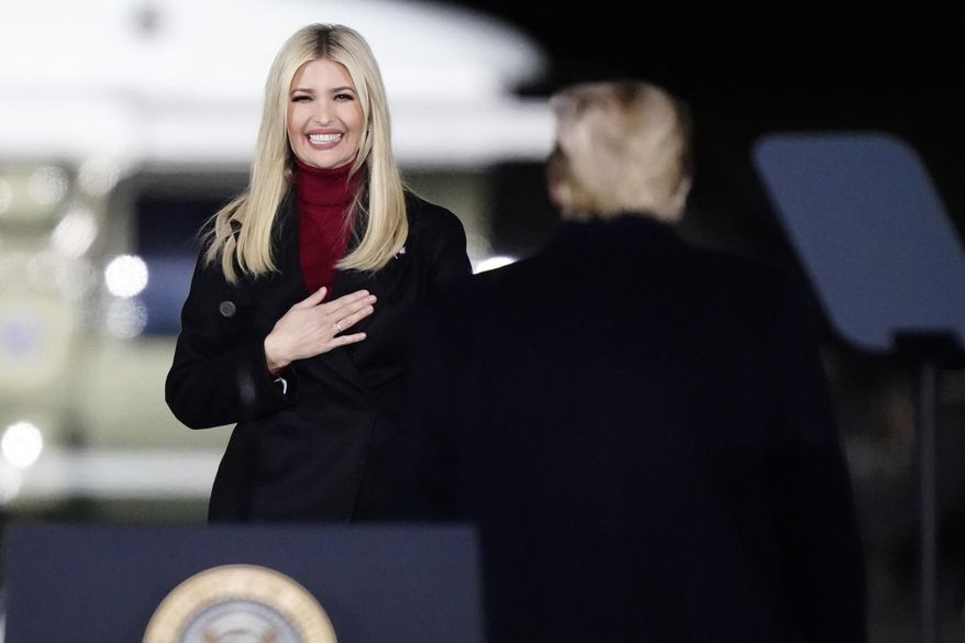 Ivanka Trump comes onto stage as President Donald Trump speaks at a campaign rally in support of Senate candidates Sen. Kelly Loeffler, R-Ga., and David Perdue in Dalton, Ga., Monday, Jan. 4, 2021. (AP Photo/Brynn Anderson)