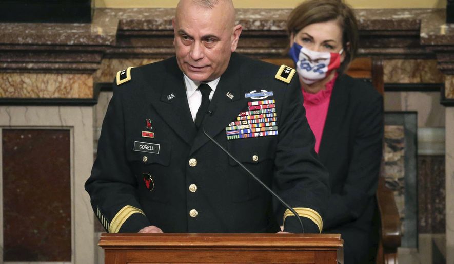 Iowa National Guard Major General Benjamin Corell gives the Condition of the National Guard address in the House Chambers at the Iowa Capitol Building on Thursday, Jan. 14, 2021. (Bryon Houlgrave/The Des Moines Register via AP)