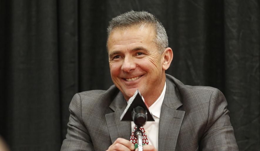 Ohio State NCAA college football head coach Urban Meyer answers questions during a news conference announcing his retirement in Columbus, Ohio, in this Tuesday, Dec. 4, 2018, file photo. A person familiar with the search says Urban Meyer and the Jacksonville Jaguars are working toward finalizing a deal to make him the team&#39;s next head coach. The person spoke to The Associated Press on the condition of anonymity Thursday, Jan. 14, 2021, because a formal agreement was not yet in place. (AP Photo/Jay LaPrete, File) **FILE**