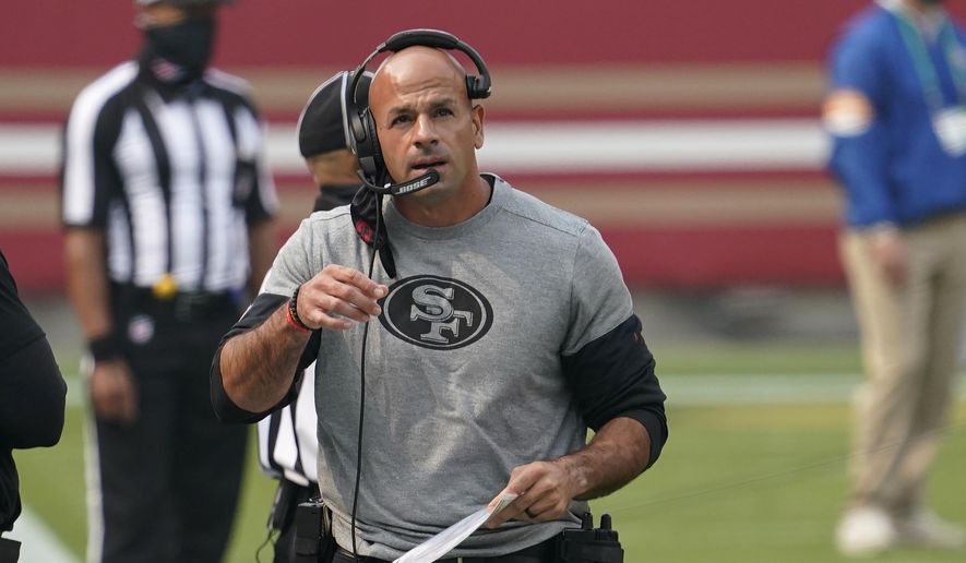 San Francisco 49ers defensive coordinator Robert Saleh is shown during an NFL football game against Arizona Cardinals, in Santa Clara, Calif., in this Sept. 13, 2020, file photo. The search for a new coach continues for the New York Jets after they completed an in-person interview with San Francisco 49ers defensive coordinator Robert Saleh on Wednesday, Jan. 13, 2021, without apparently reaching a deal.(AP Photo/Tony Avelar, File) **FILE**