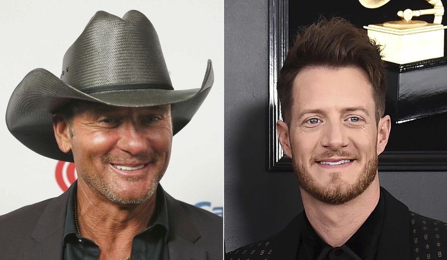 This combination photo shows Tim McGraw at the iHeartCountry Festival in Austin, Texas on May 4, 2019, left, and Tyler Hubbard of the duo Florida Georgia Line at the 61st annual Grammy Awards in Los Angeles on Feb. 10, 2019. Hubbard and McGraw are asking people to walk a mile in someone else&#39;s shoes in a call for unity on their new duet “Undivided.&amp;quot; Hubbard wrote the song while isolating on his tour bus after testing positive for COVID-19 last year. He said the division in America in 2020 weighed heavily on his heart as he wrote the song. McGraw said the song isn&#39;t political, but makes a case for empathy instead of disagreement. (AP Photo)