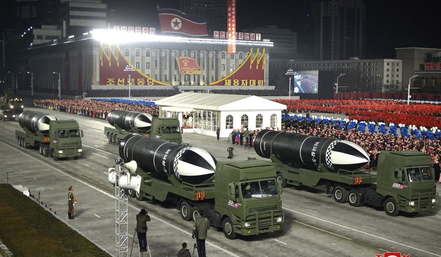 This photo provided by the North Korean government shows missiles during a military parade marking the ruling party congress, at Kim Il Sung Square in Pyongyang, North Korea Thursday, Jan. 14, 2021. Independent journalists were not given access to cover the event depicted in this image distributed by the North Korean government. The content of this image is as provided and cannot be independently verified. Korean language watermark on image as provided by source reads: &amp;quot;KCNA&amp;quot; which is the abbreviation for Korean Central News Agency. (Korean Central News Agency/Korea News Service via AP)