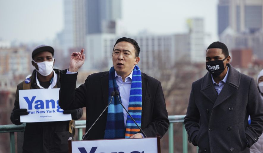 Andrew Yang announces his run for New York Mayor during a press conference in Morningside Park on Thursday, Jan. 14, 2021, in New York. (AP Photo/Kevin Hagen).  **FILE**