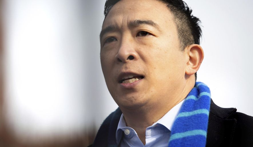 Andrew Yang announces his run for New York Mayor during a news conference in Morningside Park on Thursday, Jan. 14, 2021, in New York. (AP Photo/Kevin Hagen).