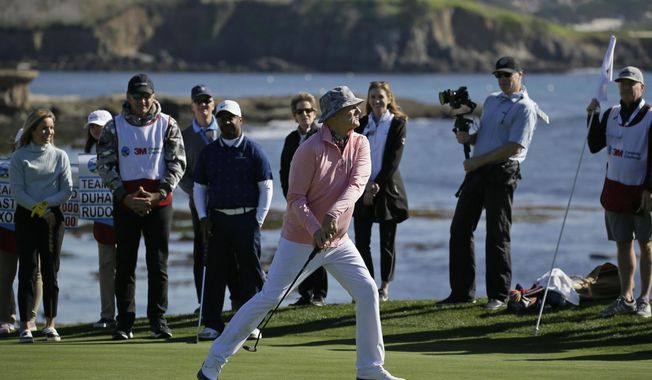FILE - In this Wednesday, Feb. 5, 2020, file photo, Bill Murray tosses his putter into a bunker after missing a birdie putt on the 18th green of the Pebble Beach Golf Links during the celebrity challenge event of the AT&amp;amp;T Pebble Beach National Pro-Am golf tournament, in Pebble Beach, Calif. Celebrities will not be part of the tournament this year because of the spike in COVID-19 cases. (AP Photo/Eric Risberg, File)