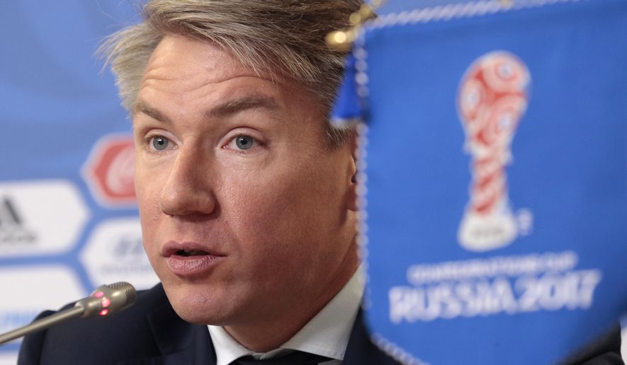 FILE - In this file photo dated Saturday, July 1, 2017, Alexey Sorokin, Local Organising Committee CEO of Russia 2018 World Cup, speaks during a news conference at the St. Petersburg Stadium, Russia.  On Thursday Jan. 14, 2021, Russia is giving up its place on FIFA’s ruling council while proposing its soccer federation president Sorokin as a candidate to join UEFA’s executive committee. (AP Photo/Dmitri Lovetsky, FILE)